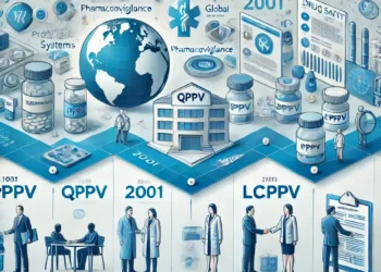 Panoramic infographic illustrating the history and evolution of QPPV (Qualified Person for Pharmacovigilance) and LCPPV (Local Contact Person for Pharmacovigilance), featuring a timeline with milestones and global pharmacovigilance visuals./Панорамная инфографика, иллюстрирующая историю и эволюцию ролей УЛФ и ЛКЛФ в фармаконадзоре, включая ключевые этапы и визуальные элементы.