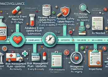 Horizontal timeline illustration showing key pharmacovigilance compliance milestones, including adverse event reporting, periodic safety update report (PSUR) submissions, risk management plan updates, and regulatory inspections. Each milestone is color-coded and labeled for clarity.