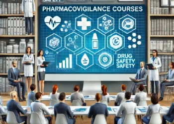 Modern educational setup for pharmacovigilance courses featuring students, instructors, a digital screen with medical charts, and bookshelves with pharmacology materials.