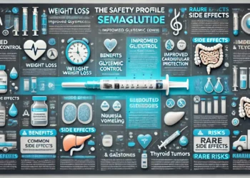 Panoramic infographic showcasing the safety profile of semaglutide, including benefits like weight loss and glycemic control, common side effects such as nausea and gallstones, and rare risks like pancreatitis and thyroid tumors, presented with icons and a professional design. Инфографика о безопасности Семаглутид, описывающая его преимущества, такие как снижение веса и улучшение контроля сахара в крови, общие побочные эффекты, включая тошноту и желчнокаменную болезнь, а также редкие риски, такие как панкреатит и опухоли щитовидной железы.