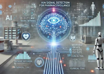 Illustration of AI in signal detection for pharmacovigilance, showcasing a neural network analyzing data from clinical trials, patient records, and wearable devices to identify drug safety signals.