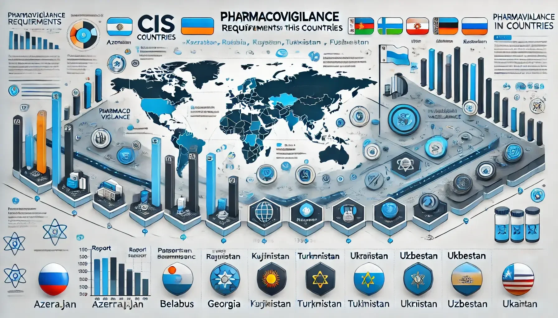 Infographic on pharmacovigilance guidelines in Azerbaijan, Belarus, Georgia, Russia, Kazakhstan, Kyrgyzstan, Tajikistan, Turkmenistan, Ukraine, and Uzbekistan, covering adverse event reporting, risk management, and compliance with international drug safety standards.